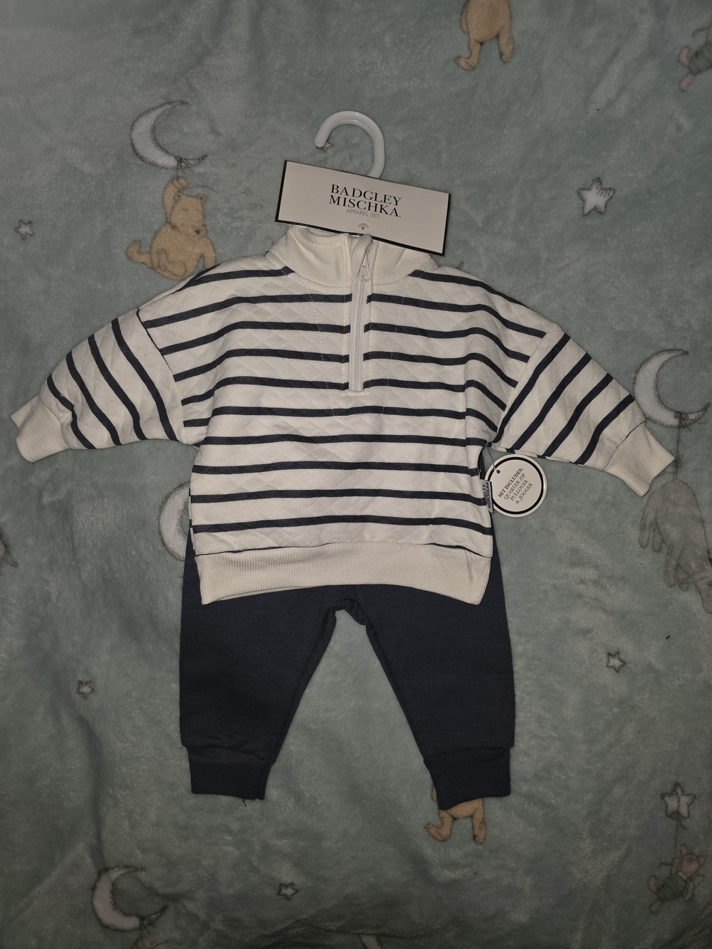 Badgley Mischka White & Navy Striped Half-Zip Pullover with Navy Pants Baby Boy